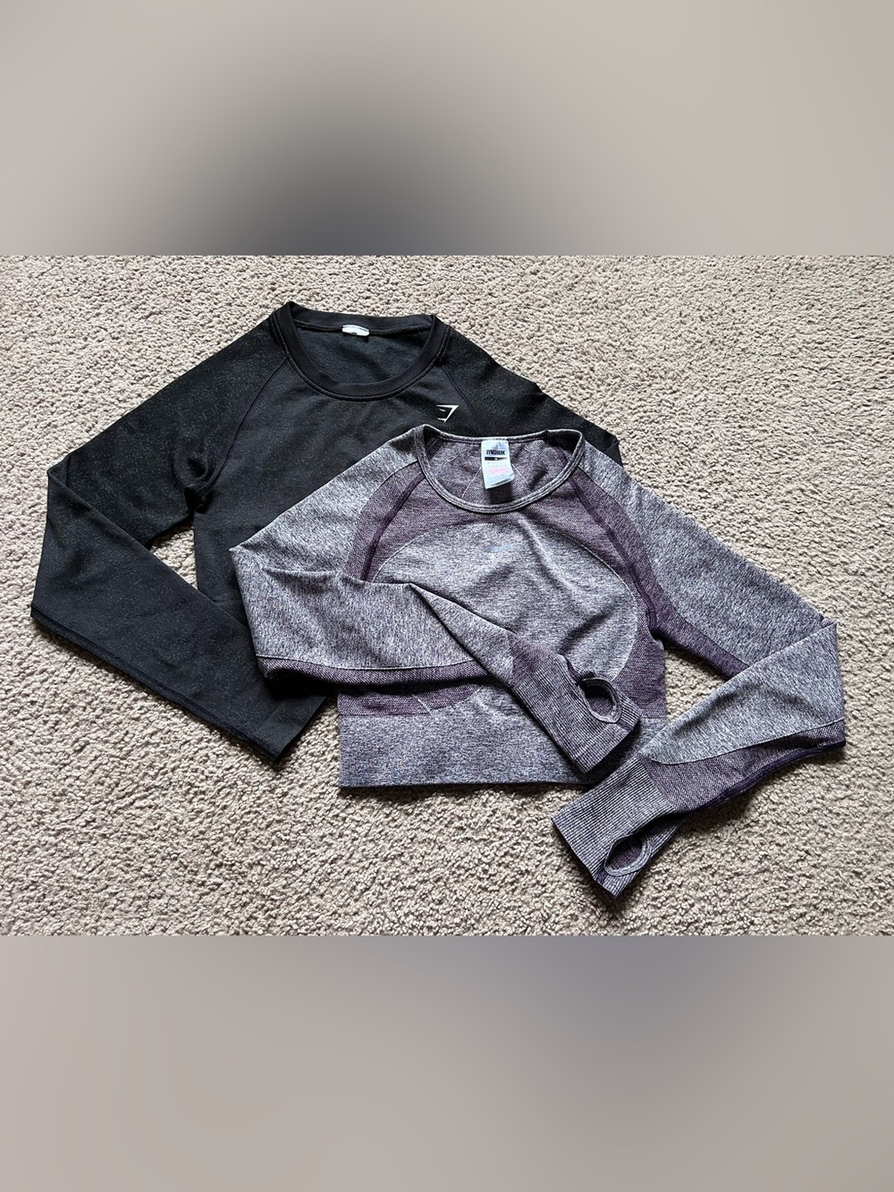 Gymshark Bundle (2) Flex Sports Long Sleeve Crop Top Black Purple Sz M